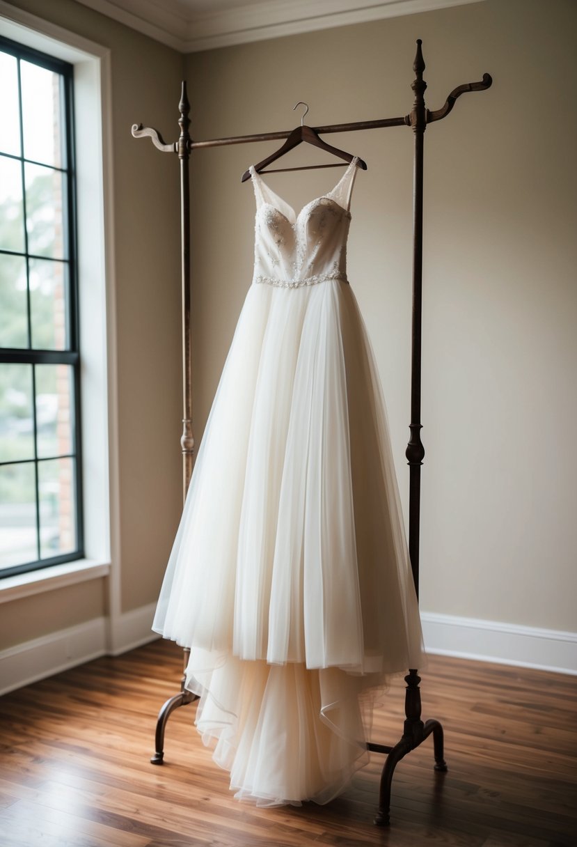 A flowing tulle wedding dress hangs on a vintage coat rack