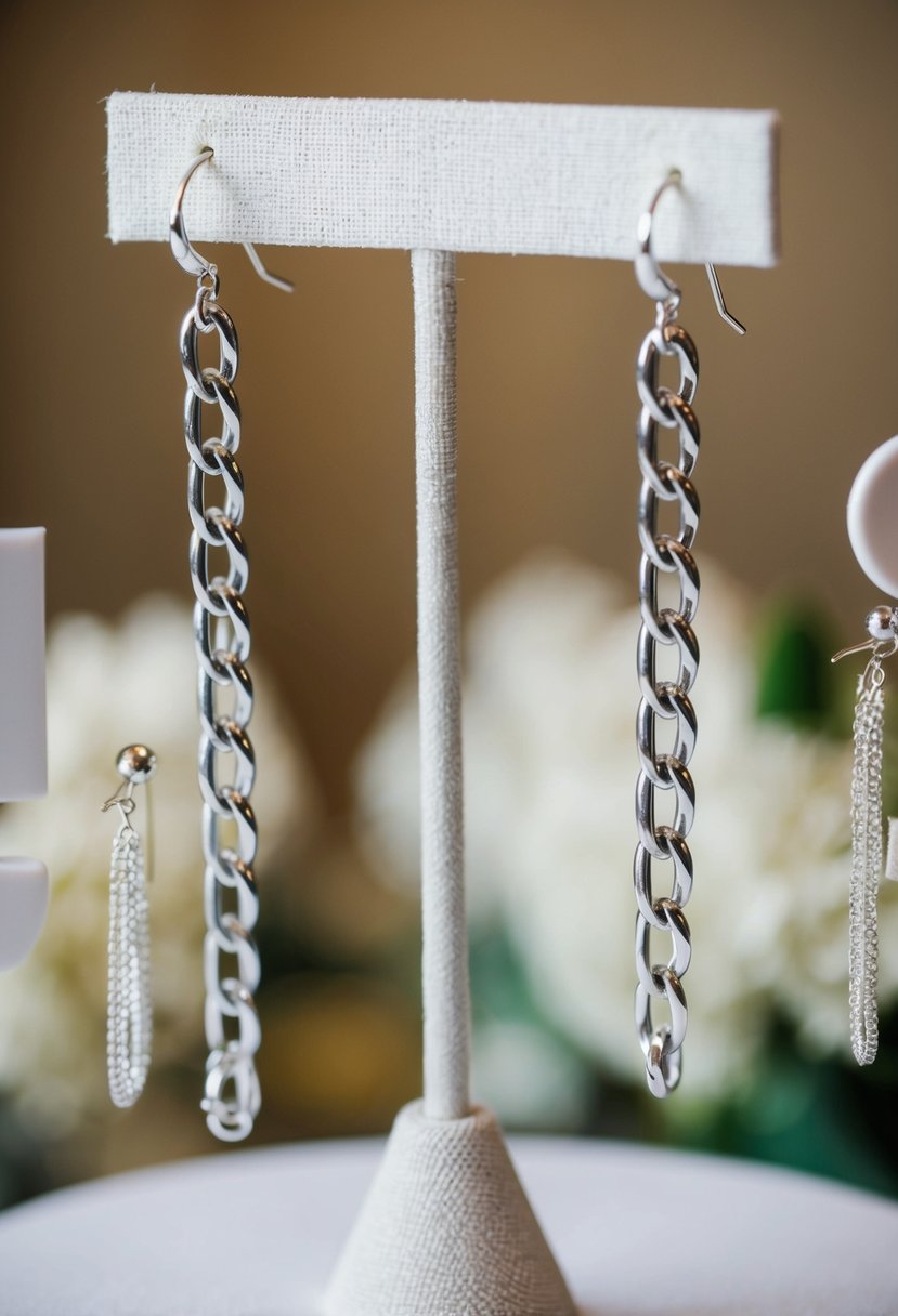 A pair of classic linked chain earrings hanging from a jewelry stand, surrounded by other wedding earring options