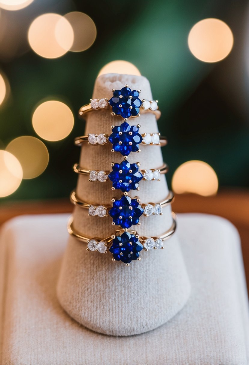 A stack of elegant sapphire cluster wedding earrings on a velvet display