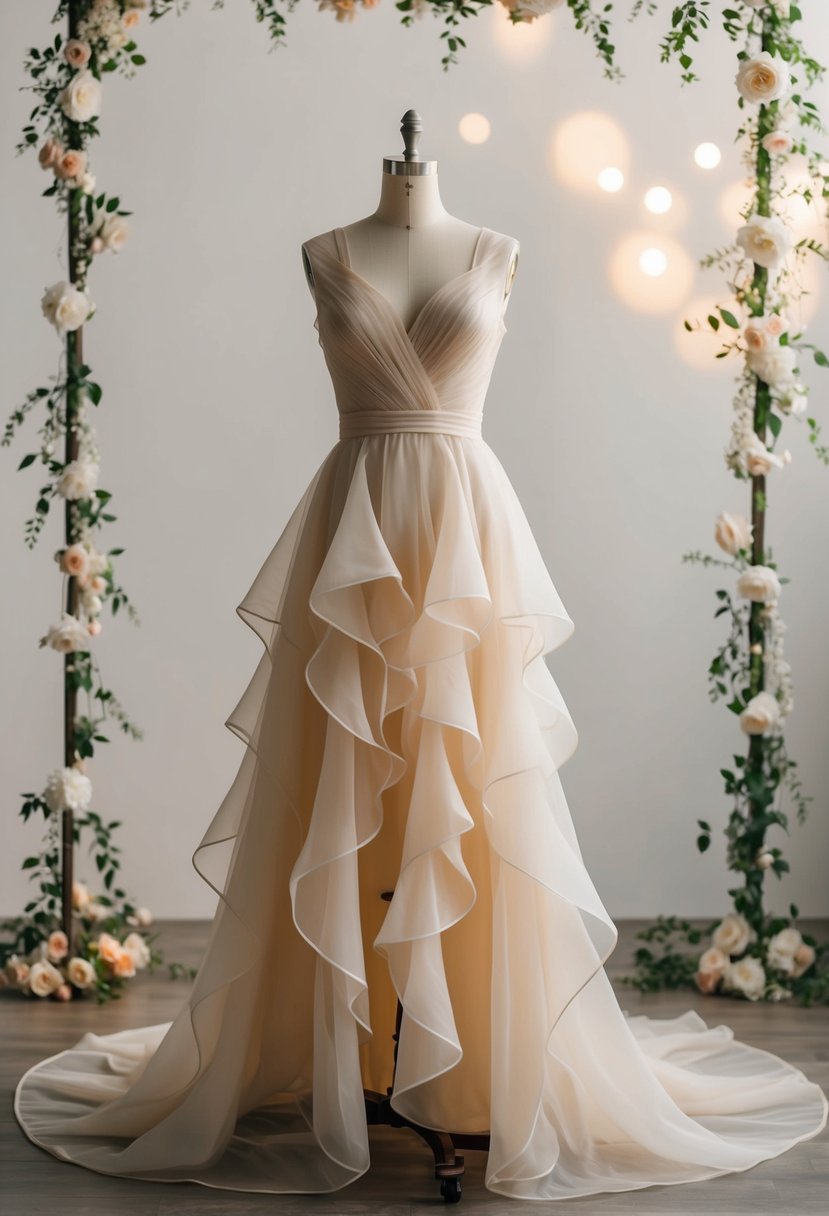 A flowing organza ruffled A-line gown on a mannequin, surrounded by soft lighting and delicate floral accents