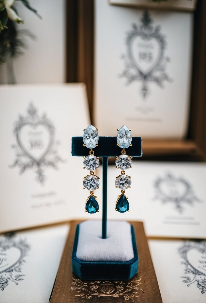 A pair of elegant gemstone drop earrings stacked on a velvet display, surrounded by delicate sketches of wedding motifs