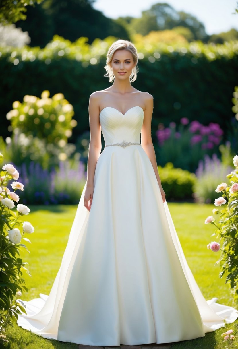 A bride stands in a sunlit garden, wearing a strapless A-line wedding dress with a sweetheart neckline, surrounded by blooming flowers and greenery