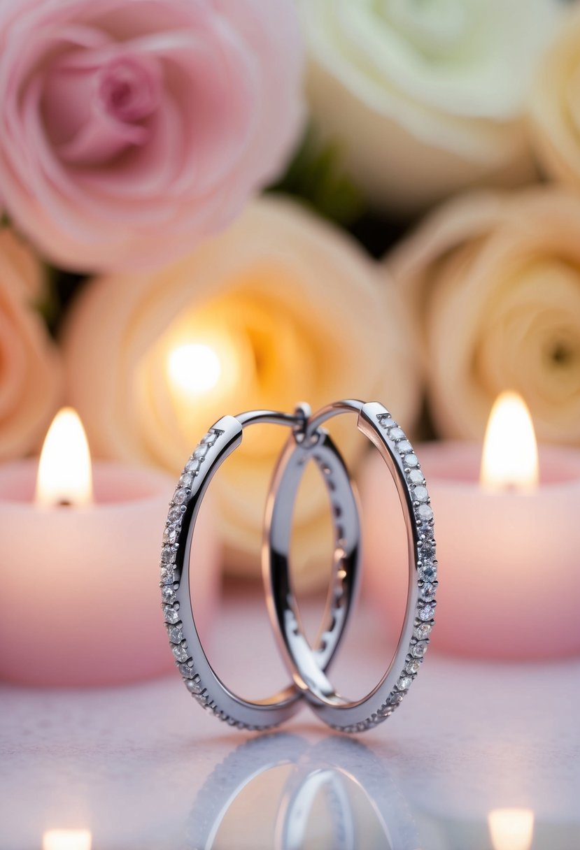 Two heart-shaped hoops intertwined, adorned with delicate diamonds, set against a backdrop of soft, pastel flowers and flickering candlelight