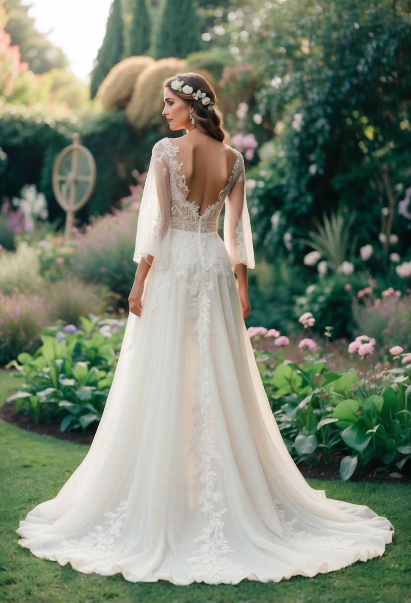 A flowing, bohemian-inspired A-line wedding dress adorned with intricate lace and delicate floral appliques, set against a backdrop of a lush, whimsical garden