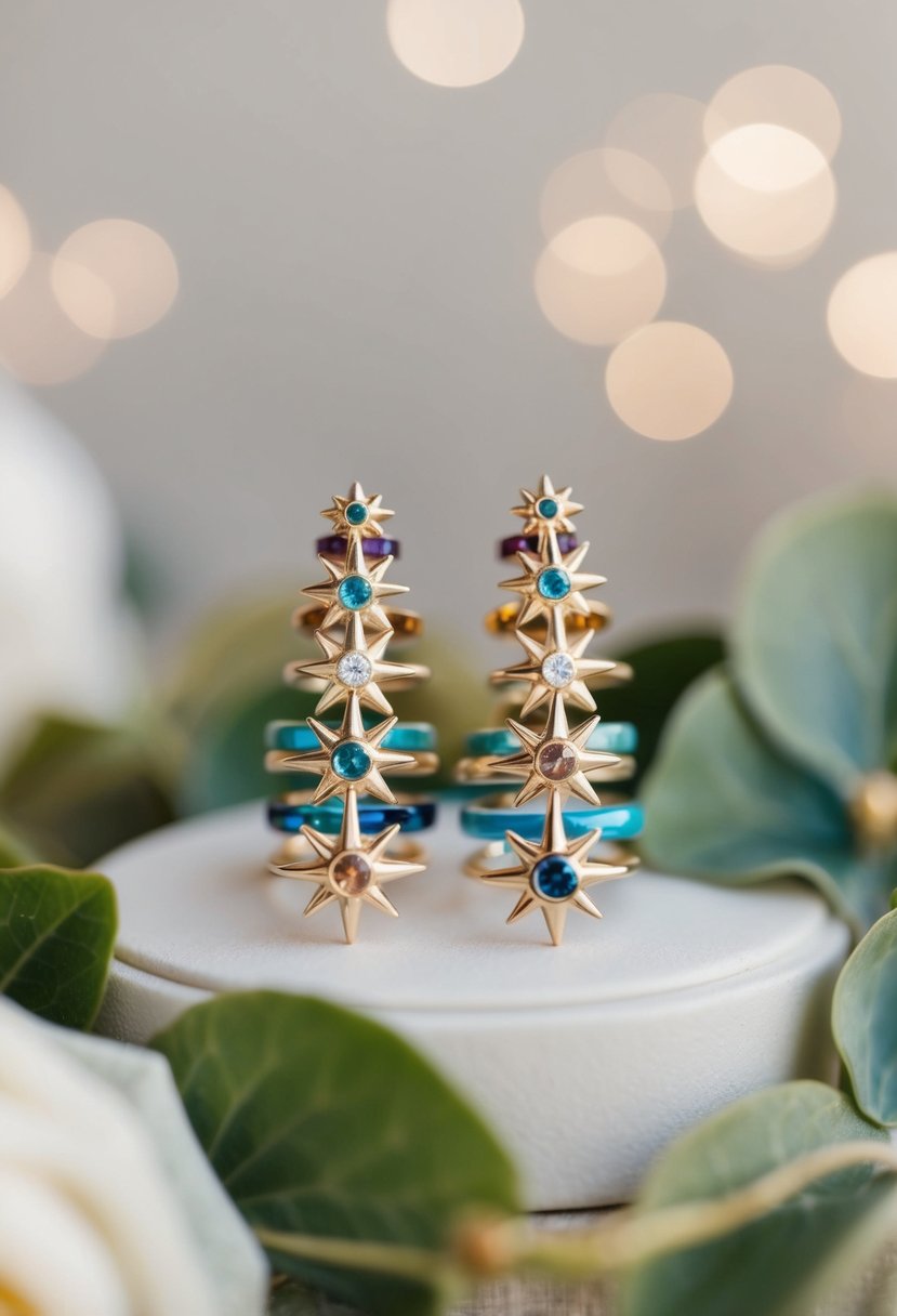 A pair of starburst-shaped stud earrings in various sizes and colors arranged in a stylish stack for a wedding