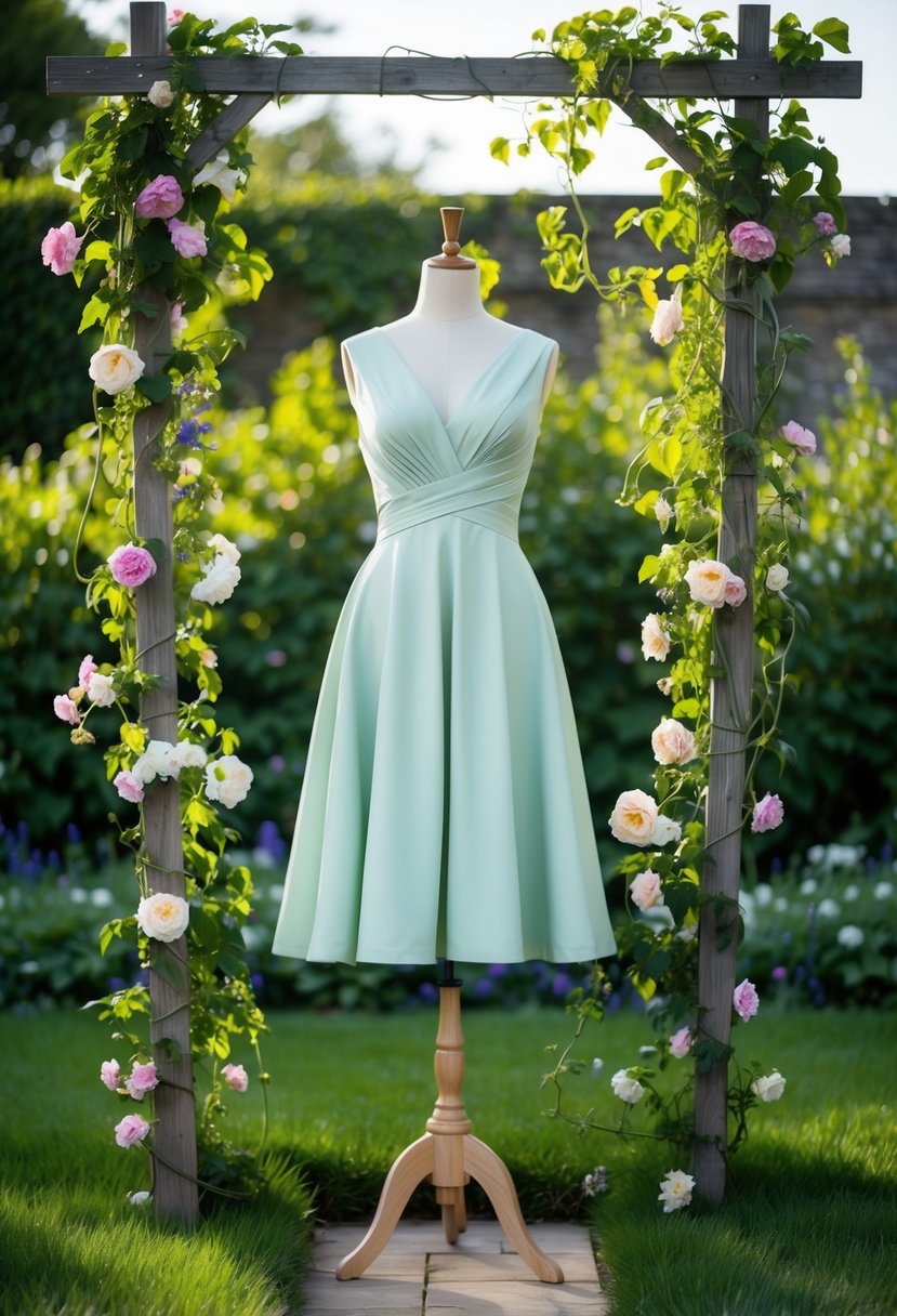 A garden setting with blooming flowers and vines wrapping around an A-line dress on a mannequin