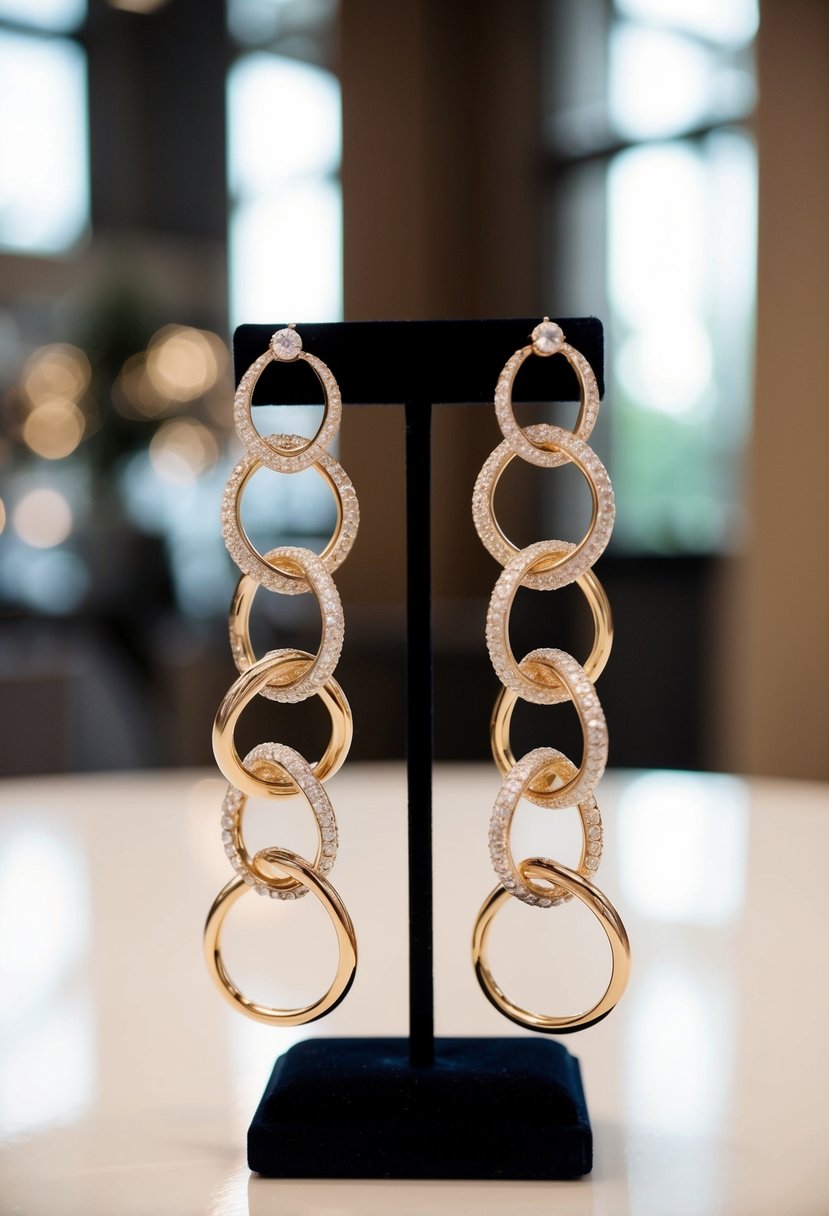 A display of elegant infinity loop wedding earrings arranged in a sophisticated stack