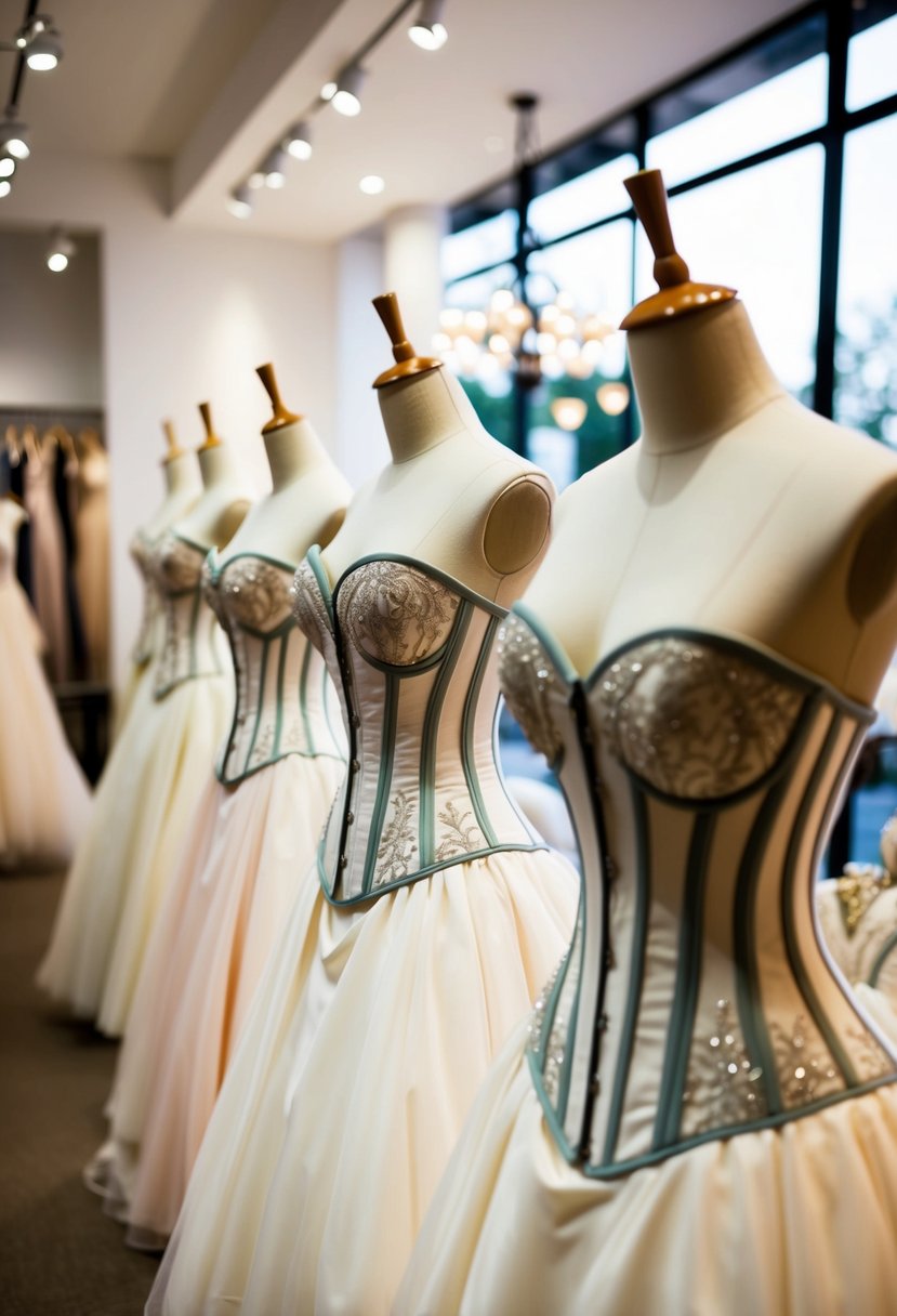 A collection of wedding dresses with intricate corset designs displayed on mannequins in a softly lit boutique showroom