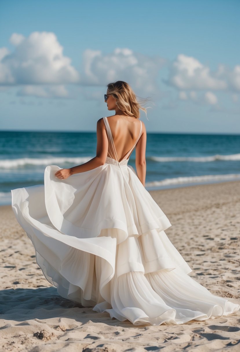 A flowing, layered A-line skirt with a delicate train billowing in the breeze at a beach wedding