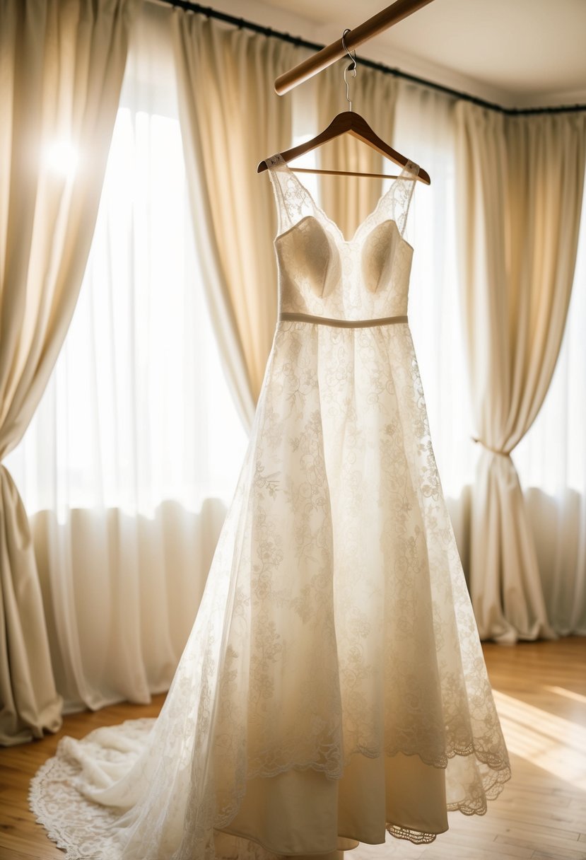 A vintage-inspired lace A-line wedding dress hanging on a wooden hanger in a sunlit room with soft curtains billowing in the background