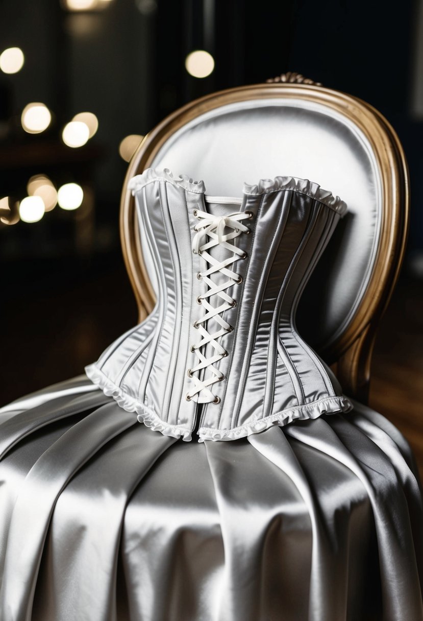 A vintage lace-up corset lies atop a satin gown, draped over a chair