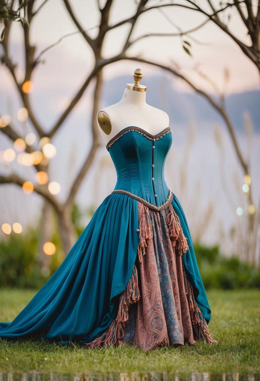 A flowing skirted corset dress adorned with bohemian-style details, set against a whimsical outdoor backdrop