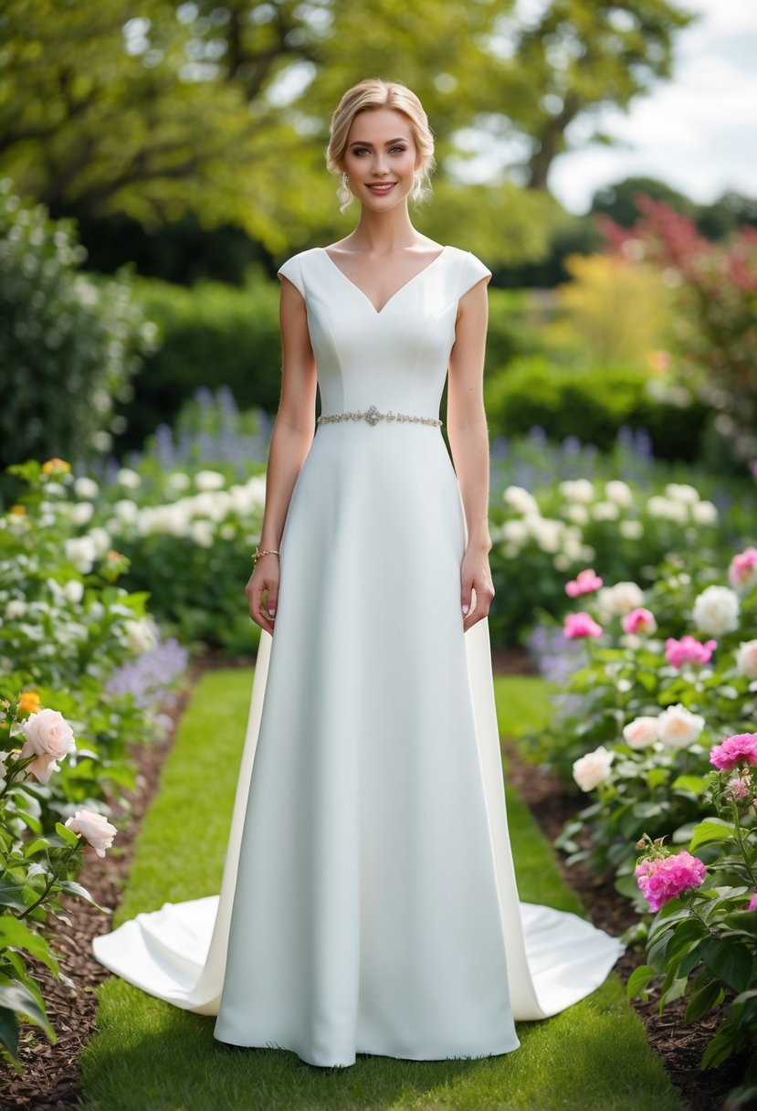 A bride standing in a garden, wearing a cap sleeve A-line wedding dress with a V-neck, surrounded by blooming flowers and greenery