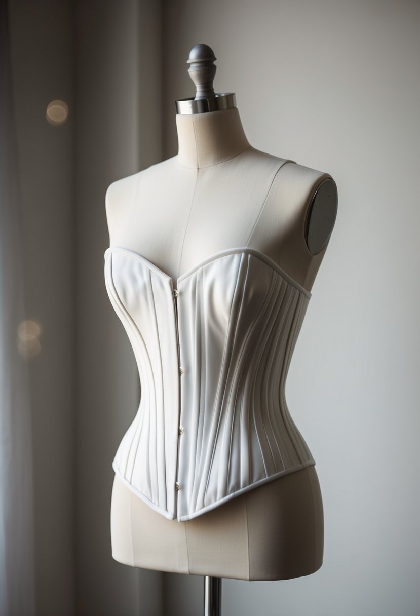 A sleek, modern corseted wedding dress on a minimalist mannequin