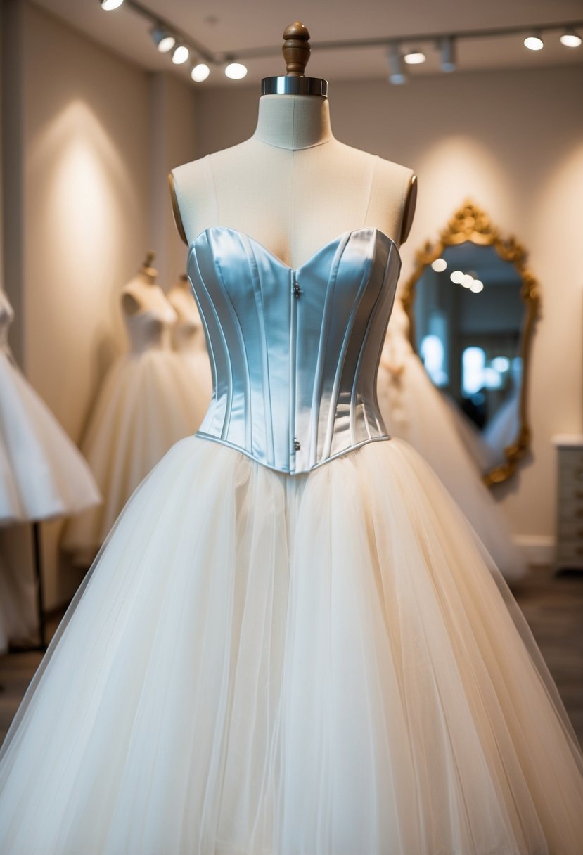 A Luxe Satin Corset Top with Tulle Skirt wedding dress displayed on a mannequin in a softly lit bridal boutique