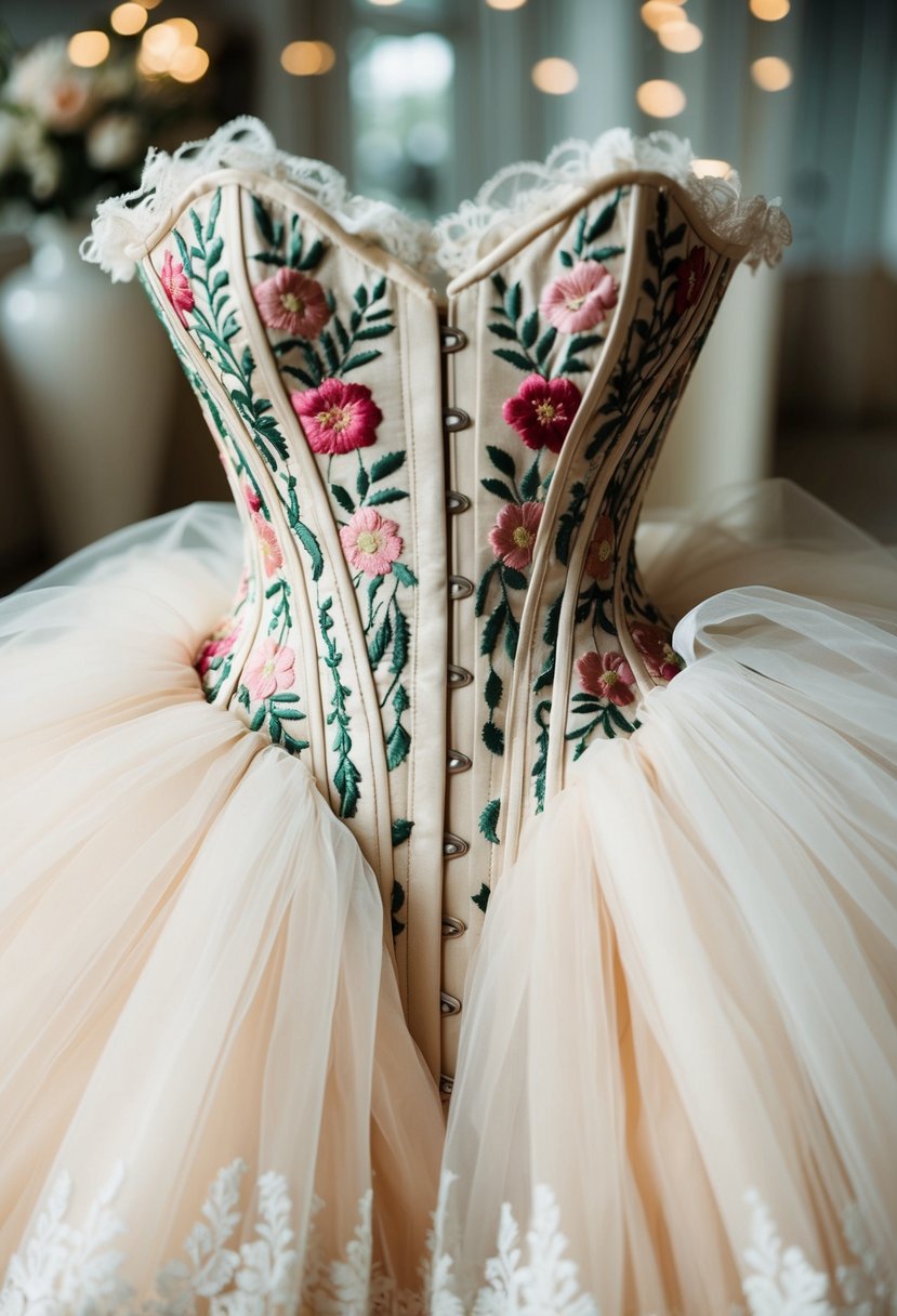 A floral embroidered corset with an A-line gown, surrounded by delicate lace and tulle