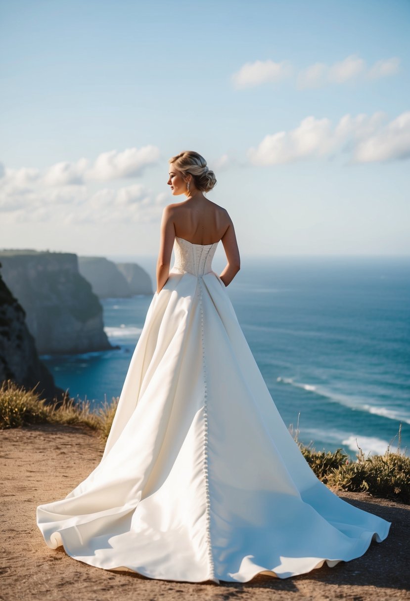 A bride stands on a cliff overlooking the ocean, her dramatic A-line wedding dress billowing in the wind, with a corset top accentuating her silhouette