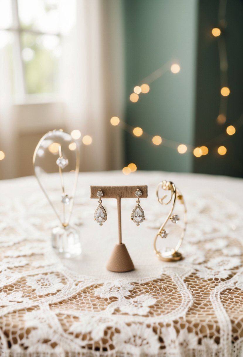 Delicate, sparkling wedding earrings displayed on a lace-covered table with soft, romantic lighting