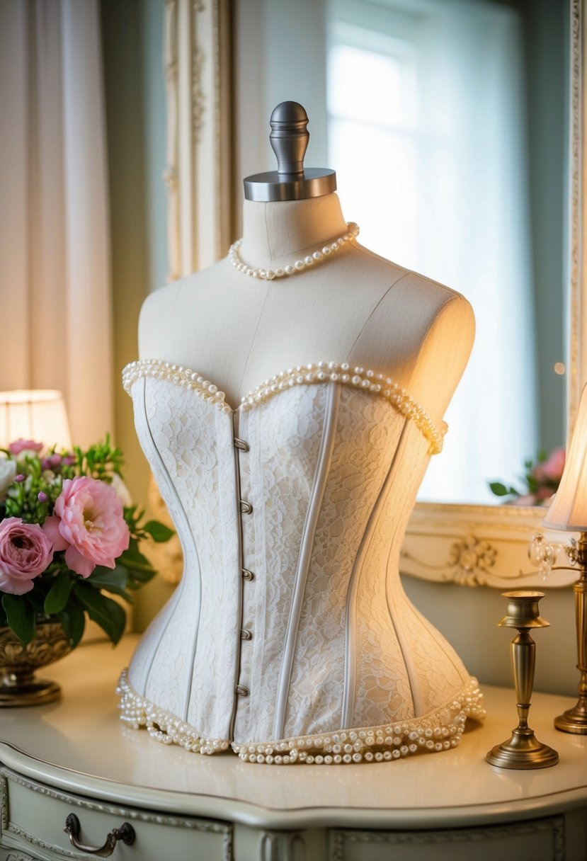 A classic lace corset adorned with delicate pearl accents, displayed on a vintage vanity table with soft lighting and a bouquet of fresh flowers