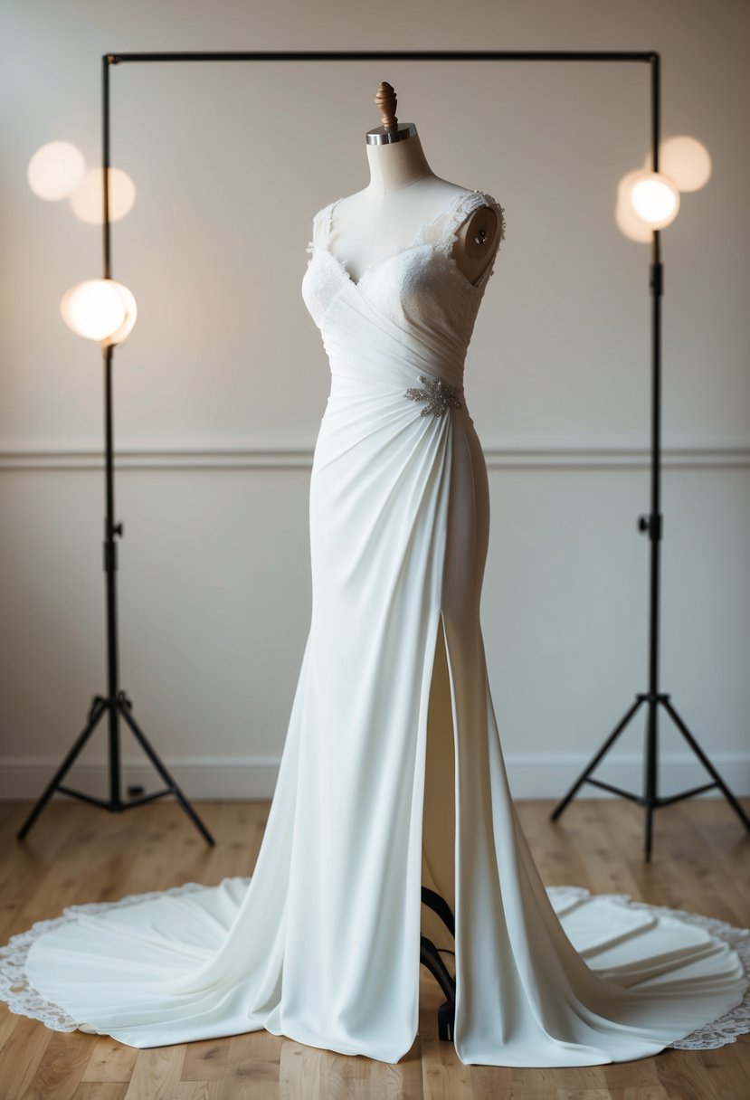 An ivory A-line wedding dress with a side slit, draped gracefully on a mannequin, surrounded by soft lighting and delicate lace details