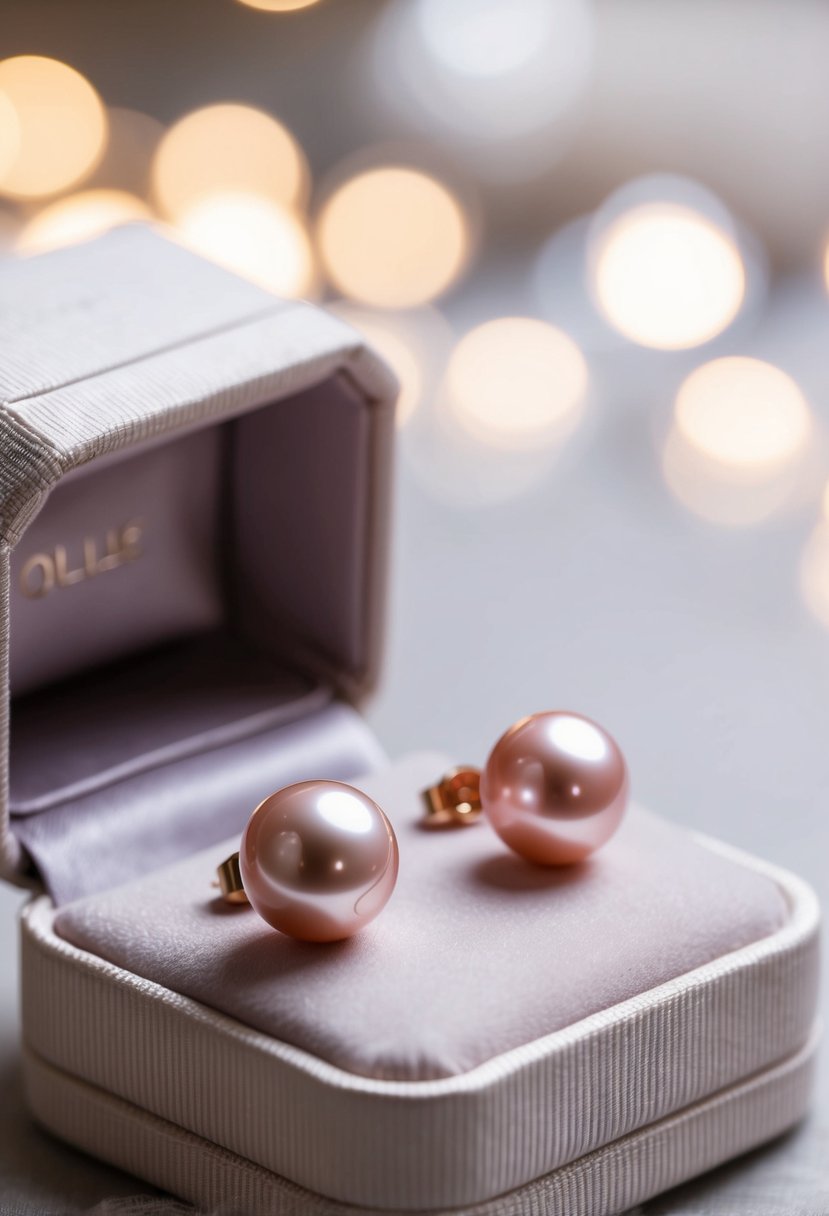 Two delicate rose gold pearl studs displayed on a velvet cushion with soft lighting