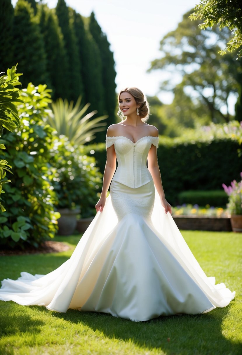 A bride stands in a lush garden, wearing a romantic off-shoulder corset with a mermaid skirt wedding dress, the flowing fabric swirling around her feet