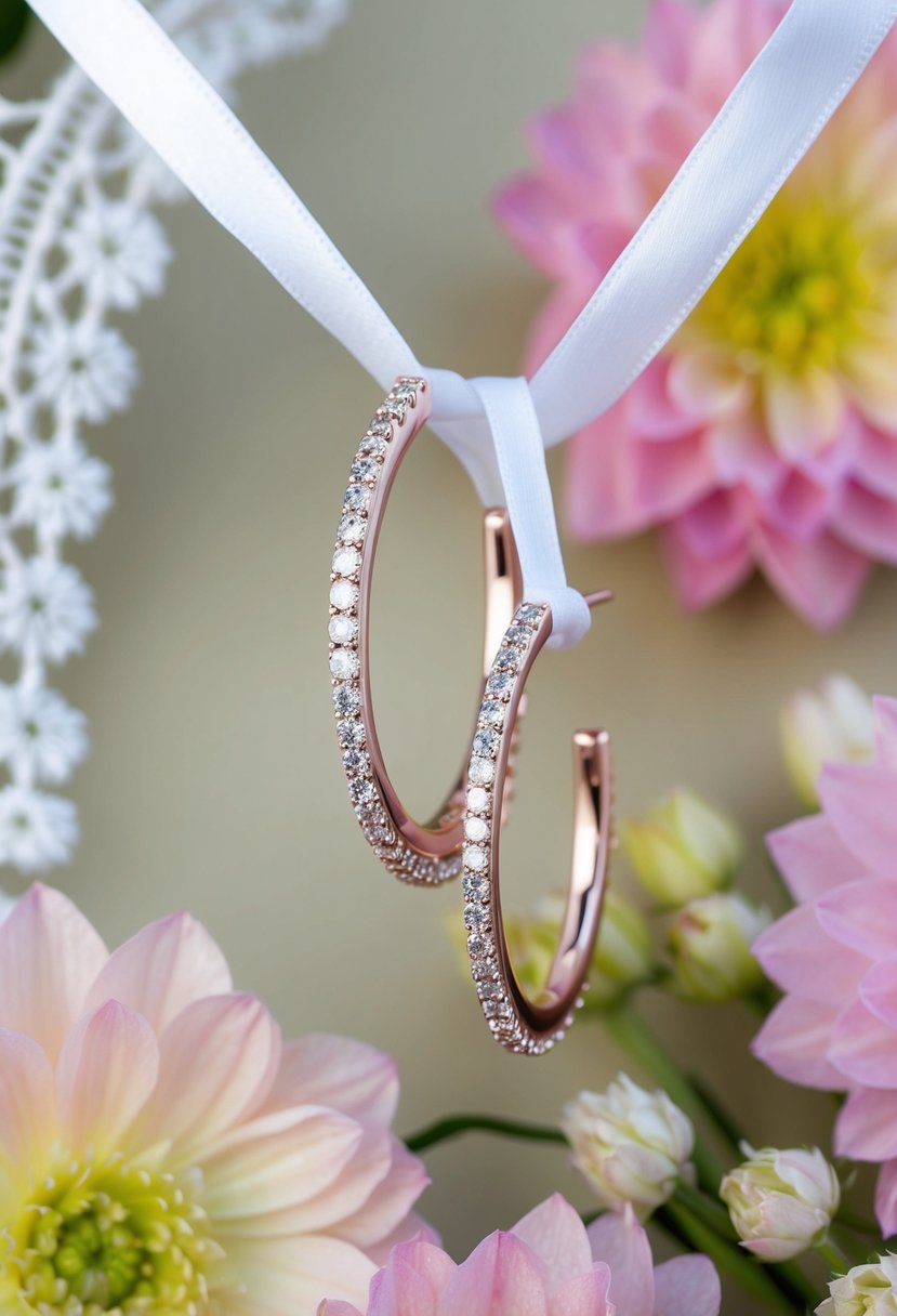 A delicate pair of diamond hoops suspended from a white satin ribbon, surrounded by soft pastel flowers and delicate lace