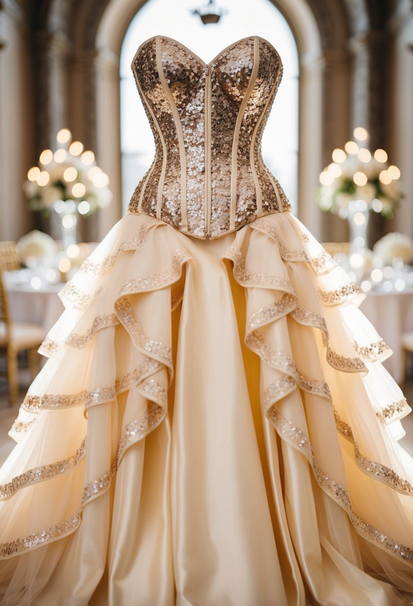 A glamorous sequined corset with a layered train cascading down, catching the light in a luxurious wedding setting