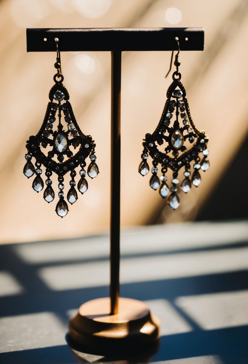 A pair of vintage chandelier earrings hanging delicately on a display stand, catching the light and casting intricate shadows