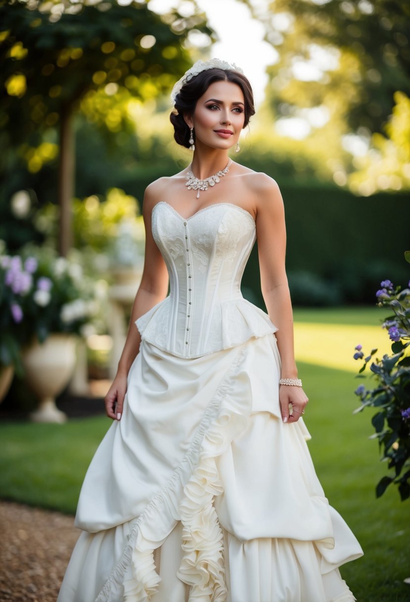 A bride in a Victorian-inspired corset wedding dress with a ruffled skirt, standing in a vintage garden setting