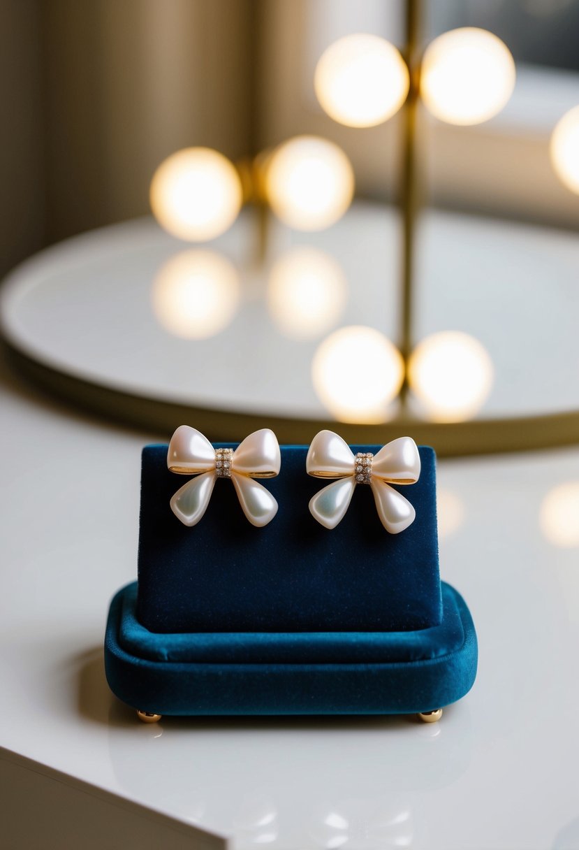 A delicate pair of pearl bow earrings displayed on a velvet cushion with soft lighting highlighting their elegant design