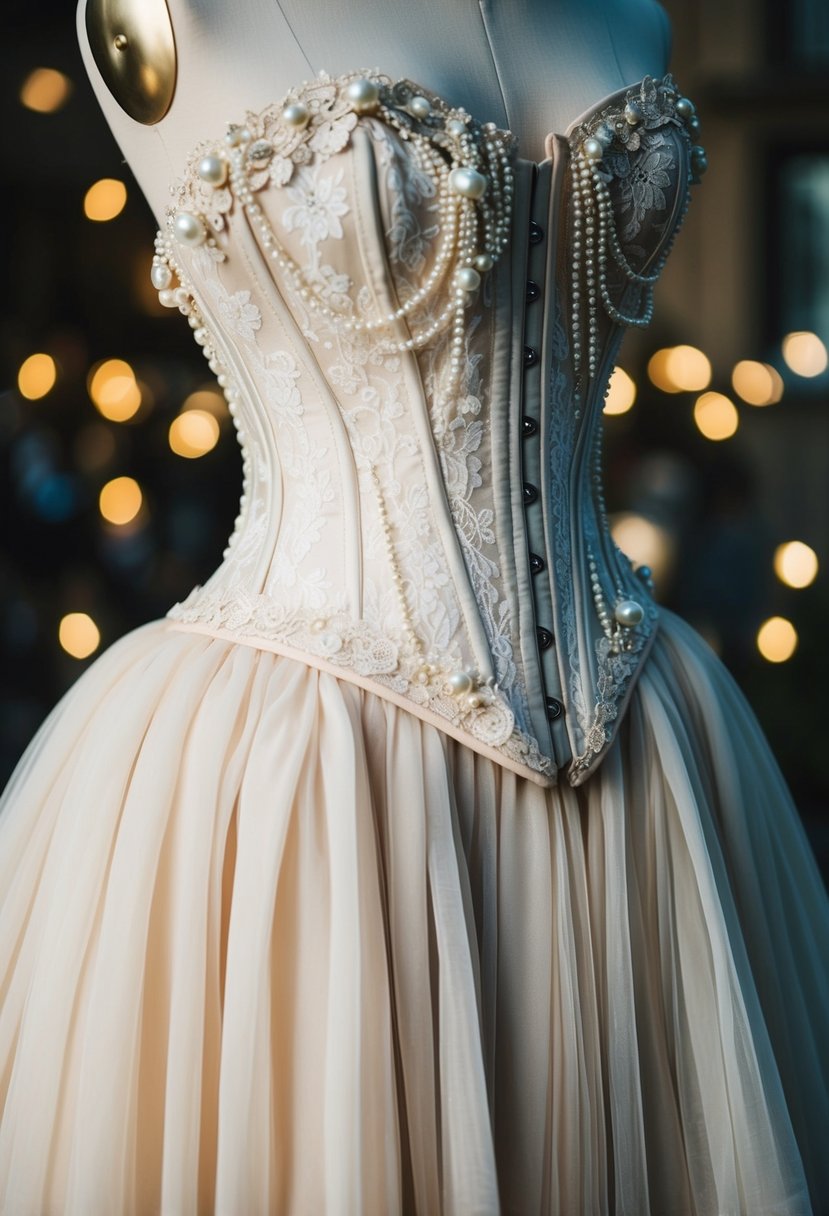 A delicate, sheer corset adorned with intricate lace and pearls, paired with a flowing tulip skirt in soft, ethereal fabric