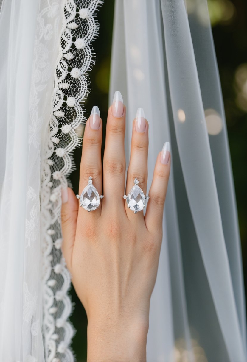 A delicate hand holding crystal teardrop studs against a lace veil backdrop