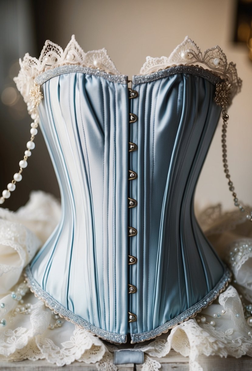 An elegant Mikado corset adorned with box pleats, surrounded by delicate lace and shimmering beads