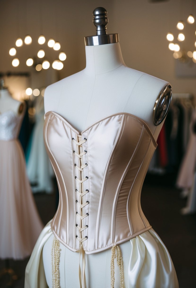 A soft satin top with corset lacing draped over a mannequin in a bridal atelier