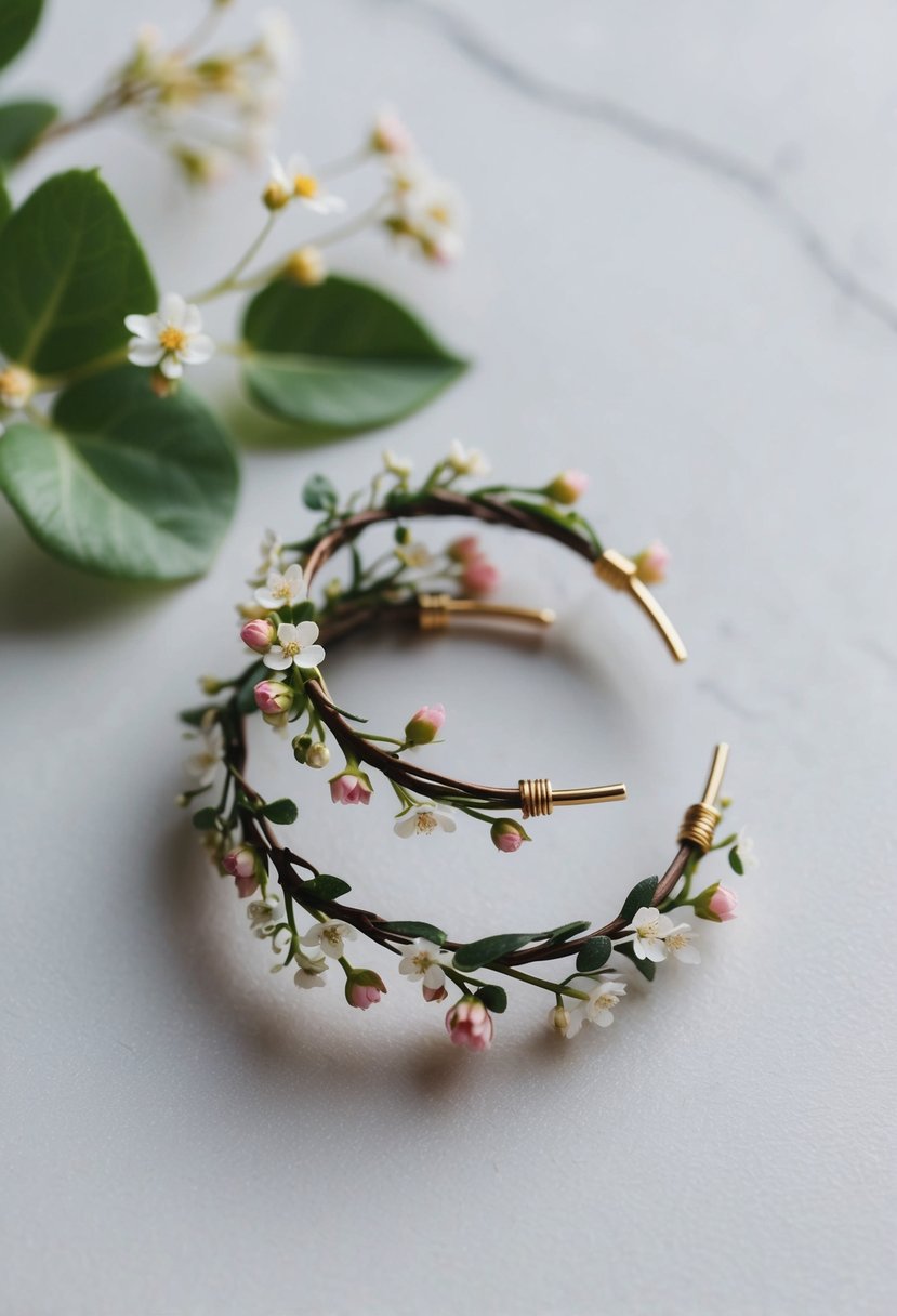 A delicate floral vine wraps around two ear cuffs, adorned with tiny blooms and leaves, evoking a sense of elegance and romance