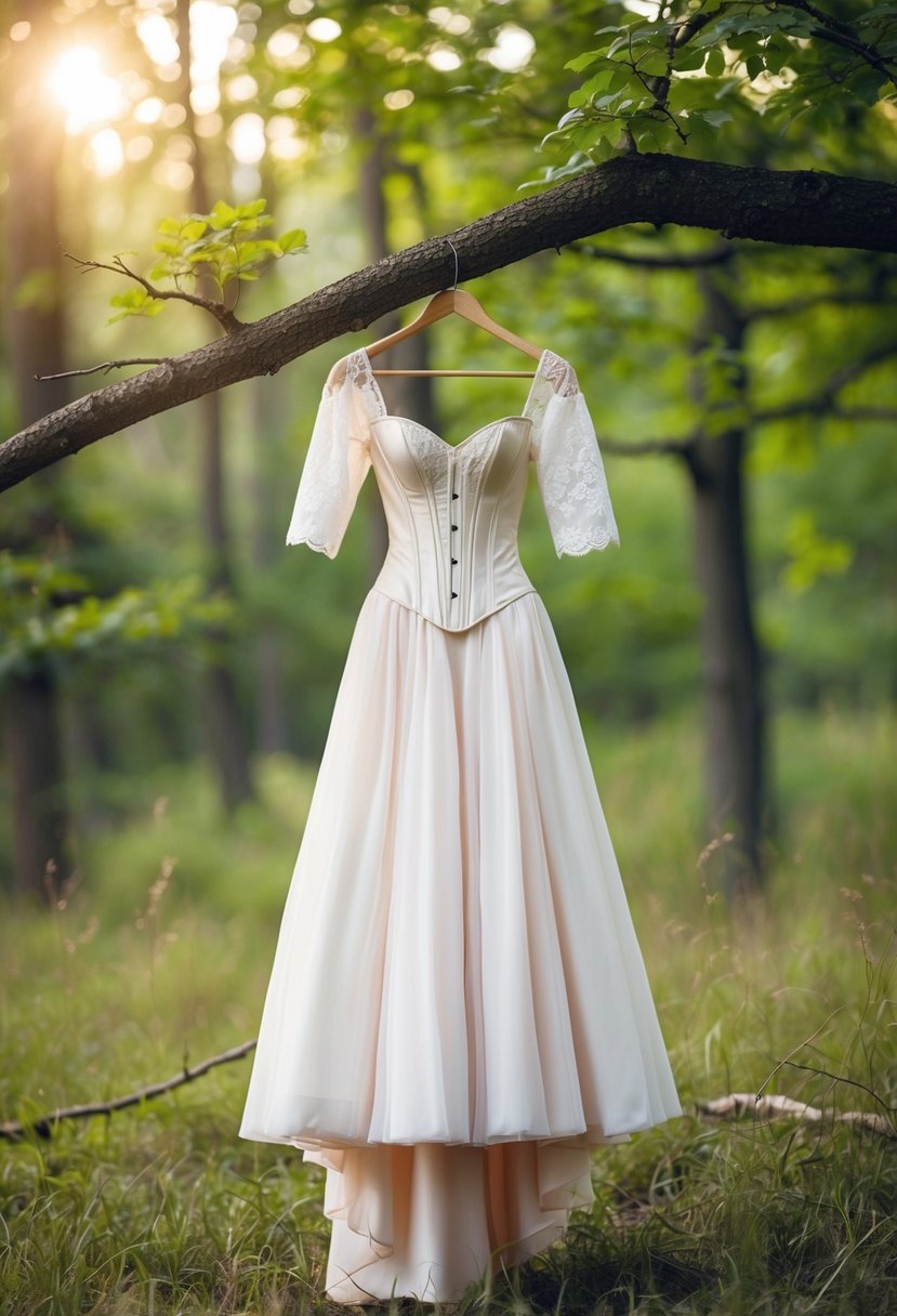 A fairytale corset gown with lace sleeves hangs from a tree branch in a magical forest clearing