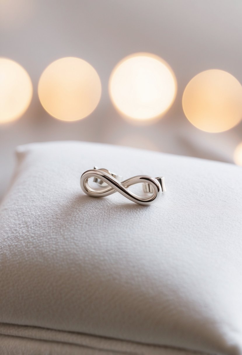 Two delicate silver infinity studs resting on a soft, white velvet cushion