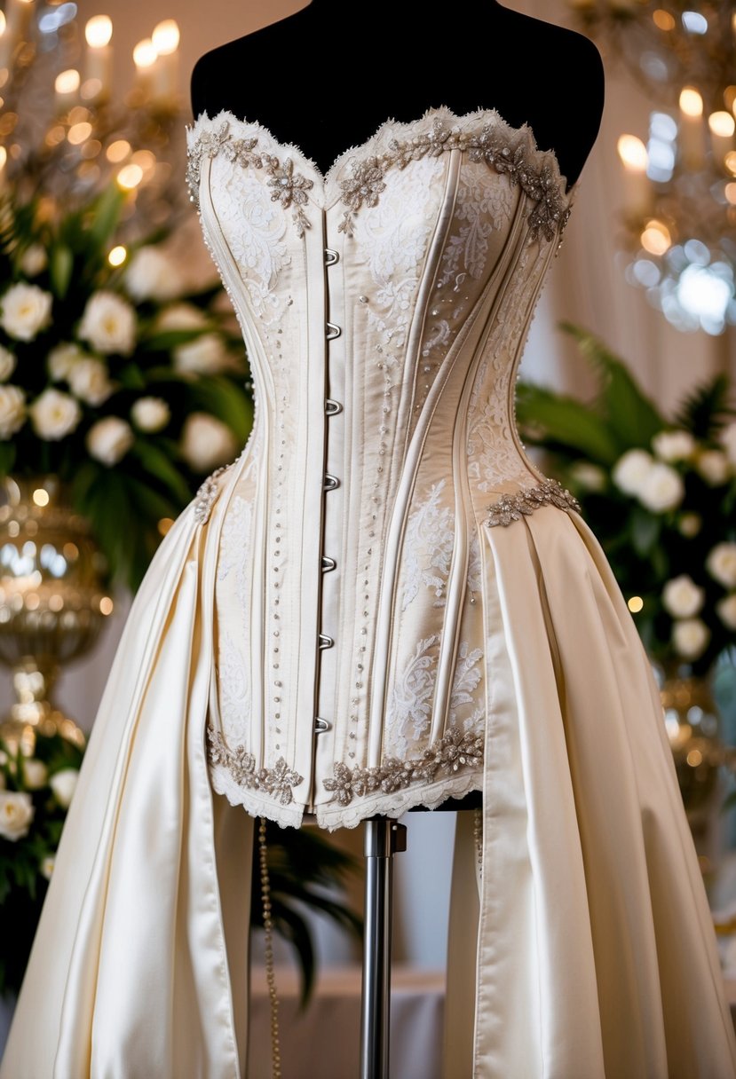 A regal corset with a detachable overskirt, adorned with intricate lace and sparkling embellishments, set against a backdrop of opulent wedding decor