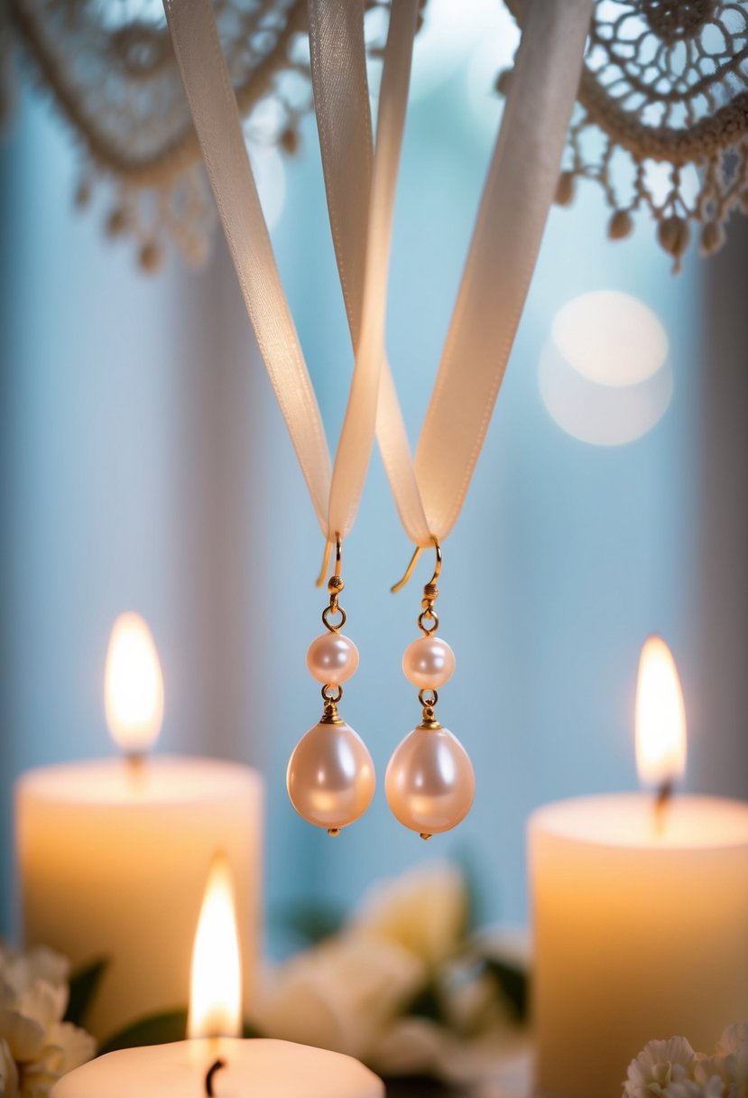 A delicate pair of pearl drop earrings hanging from a satin ribbon, surrounded by soft candlelight and vintage lace