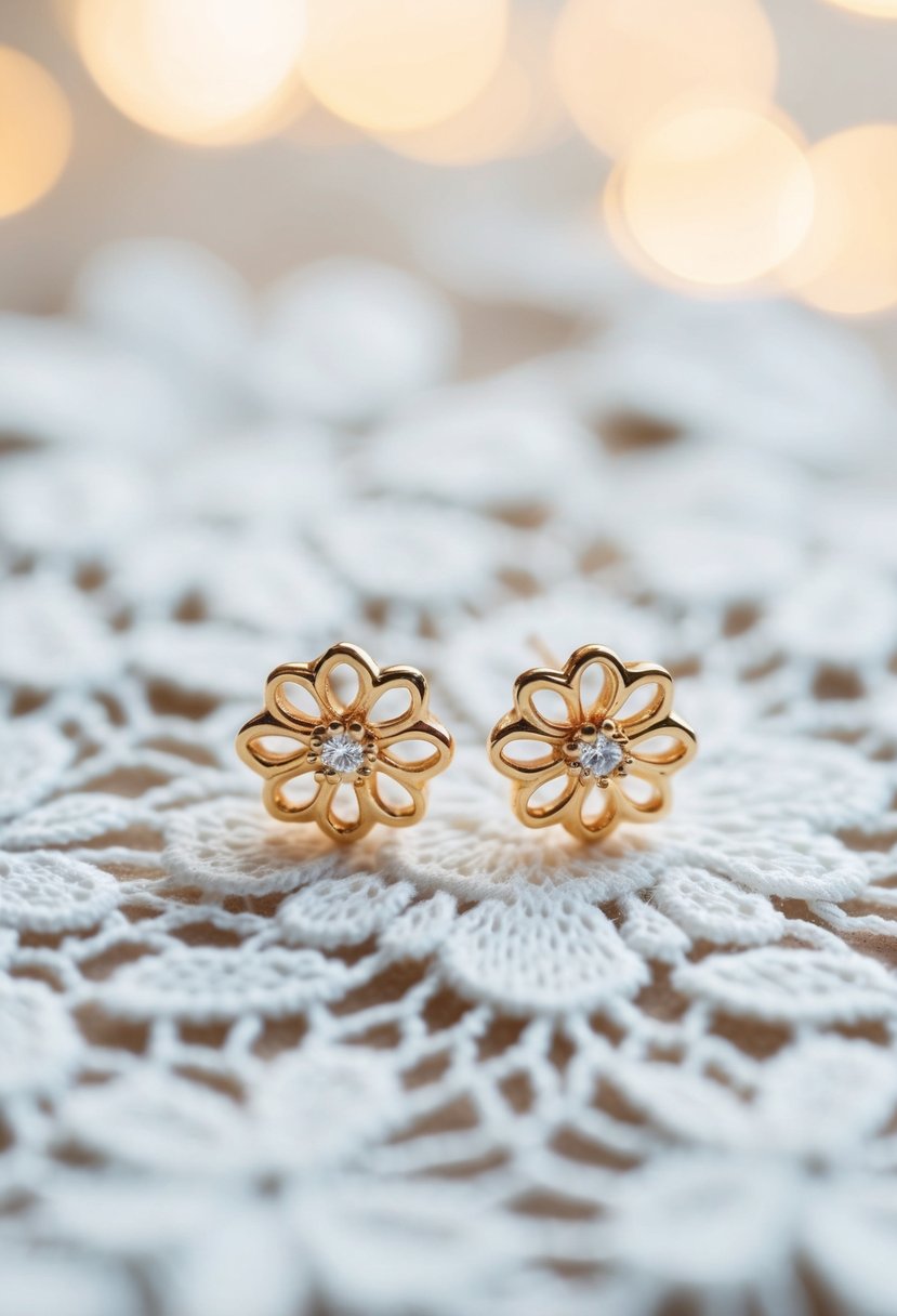 Delicate gold earrings on a white lace background with soft lighting