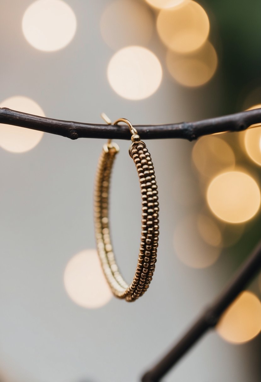 A close-up of delicate beaded hoop earrings, with intricate details and a bohemian aesthetic