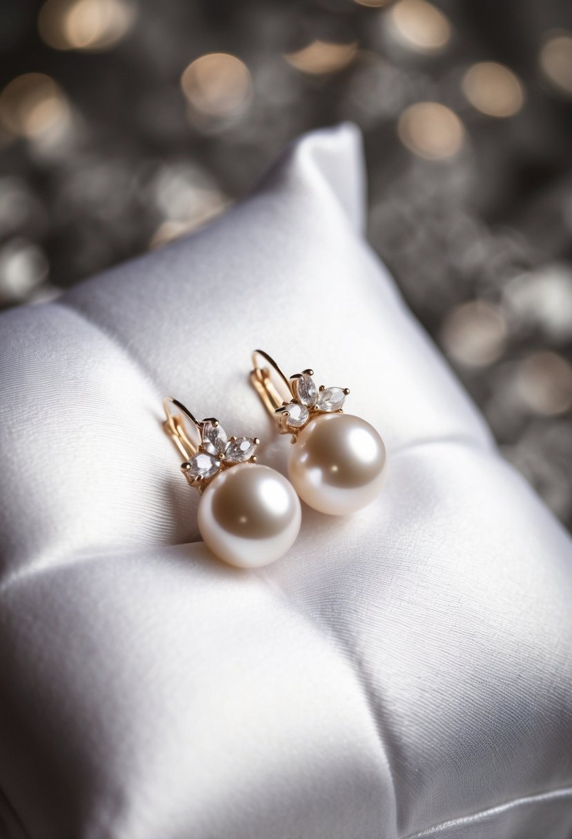 A delicate pair of pearl bridal earrings on a white satin pillow