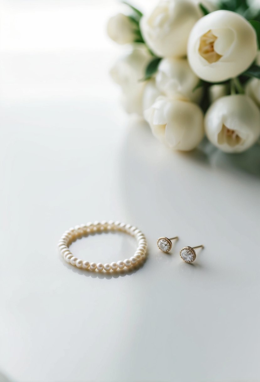 A delicate pearl bracelet lies next to a pair of minimalist wedding earrings on a clean, white surface