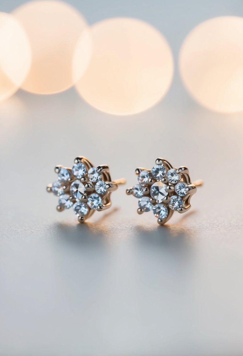 A close-up of two dainty Swarovski crystal cluster earrings against a soft, romantic background, catching the light and shimmering with delicate beauty