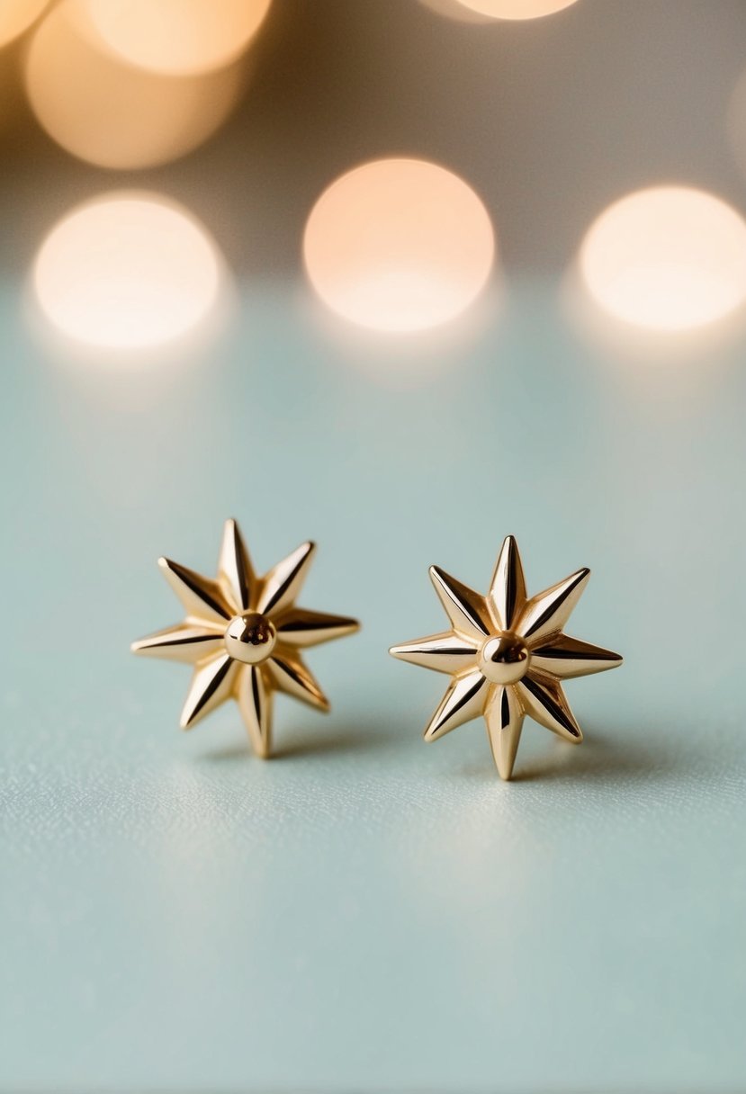 Two delicate gold starburst earrings displayed on a soft, pastel-colored surface with subtle lighting