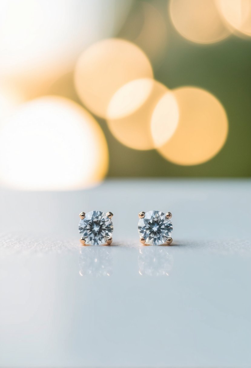 Two small diamond studs on a clean, white surface with soft natural lighting