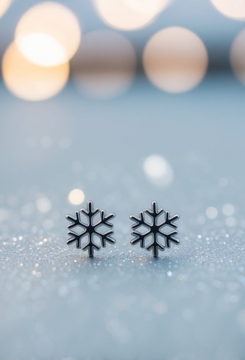 A pair of delicate, snowflake-shaped studs on a frosty, silver background