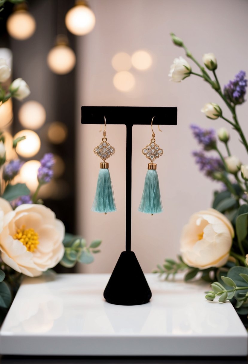 A pair of delicate tassel drop earrings hanging from a display stand, surrounded by soft lighting and floral accents