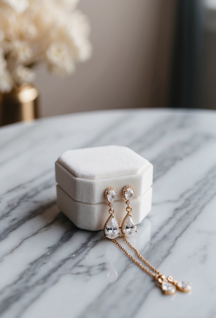 A white velvet jewelry box with diamond drop earrings on a marble table